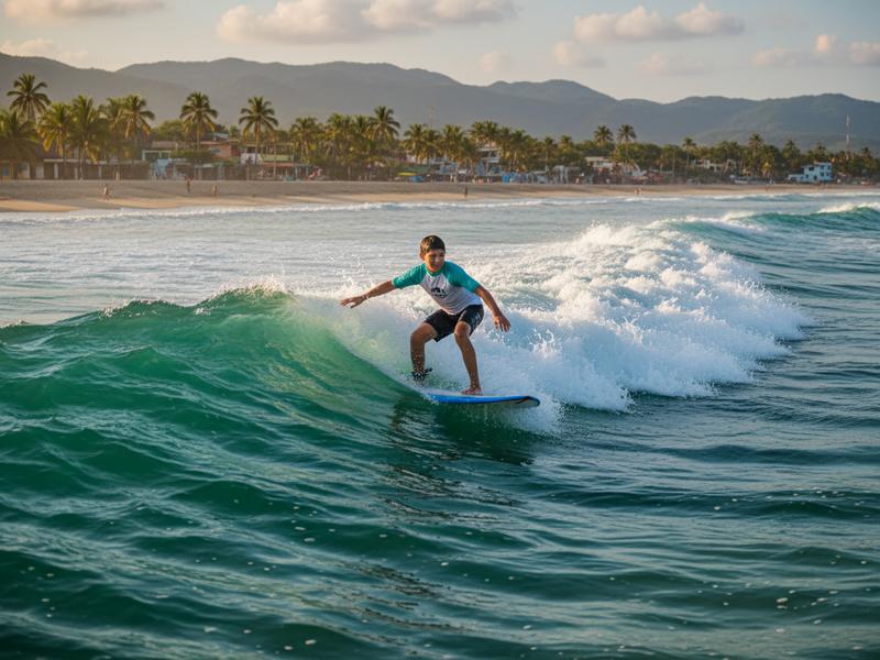 Beginner surfer riding small wave on longboard in Mexico with instructor cheering nearby