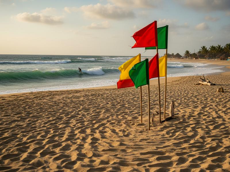 Beach safety flag system on Mexican Pacific coast with red yellow and green flags visible