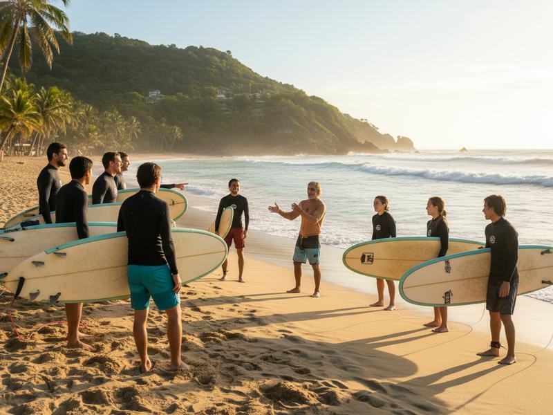 Small group of tourists in surf lesson on calm Pacific beach with instructor explaining wave conditions