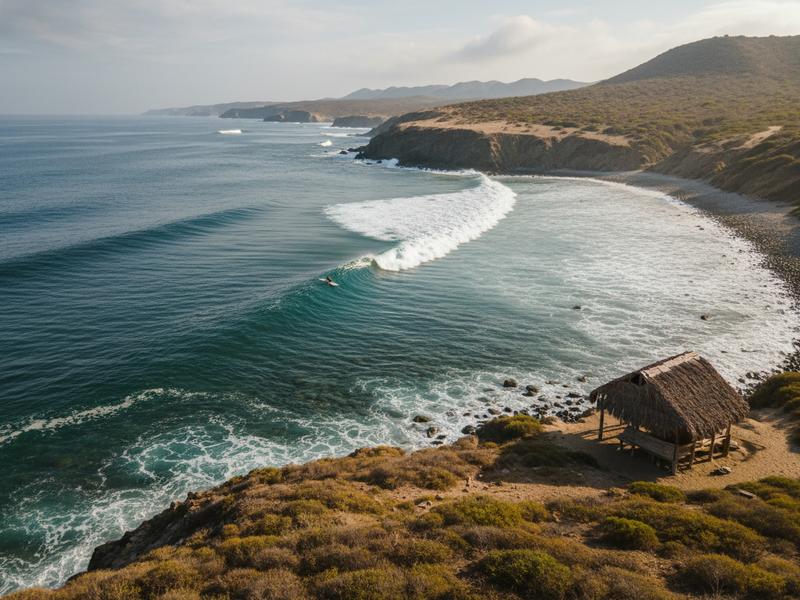 Solitary surfer on long left point break at Barra de Nexpa Michoacán