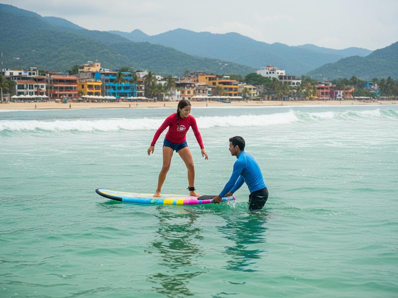 Group surf lesson on Sayulita Beach with instructor helping student catch a wave