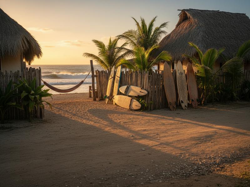 Surf camp palapa bungalows at Troncones Beach Guerrero with surfboards outside