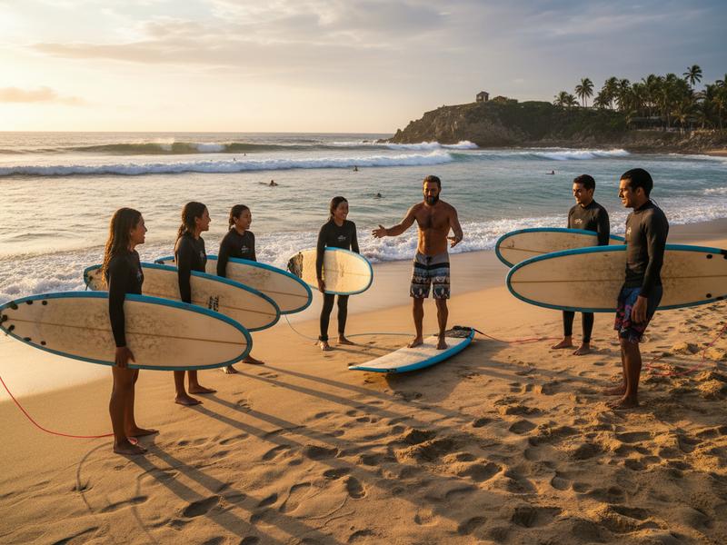 Surf instructor guiding a student on a longboard at La Punta beach in Puerto Escondido, small clean waves breaking in background