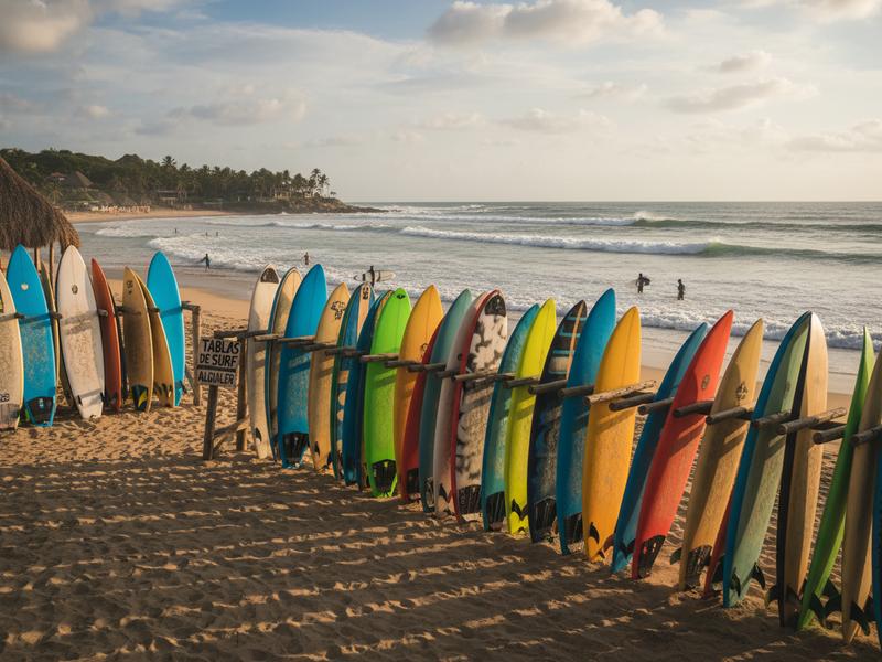 Colorful surfboards and longboards lined up for rental at a La Punta surf shop in Puerto Escondido, Oaxaca