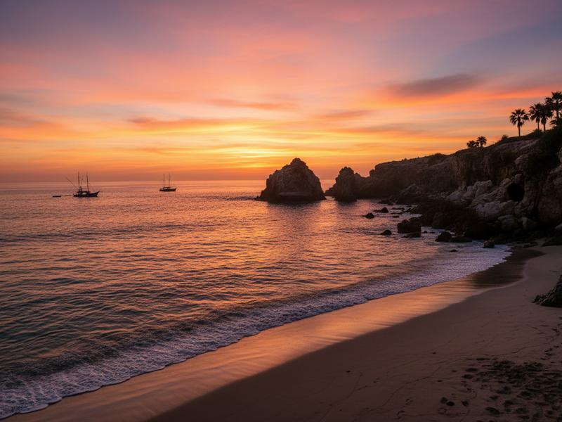 Surfer silhouette walking into the Pacific Ocean at sunset in Puerto Escondido, carrying surfboard under arm, orange sky reflecting on wet sand