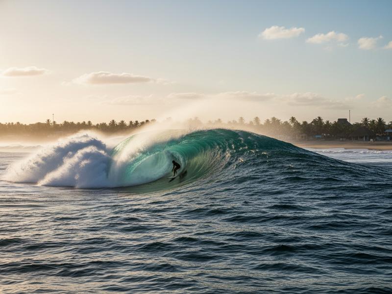 Powerful barreling wave breaking at Zicatela beach, the Mexican Pipeline, with a bodyboarder riding inside the tube