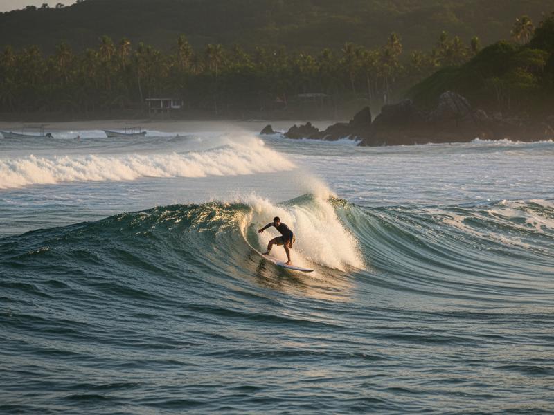 Surfer riding a hollow wave at La Lancha beach near Sayulita with jungle-covered coastline in the background