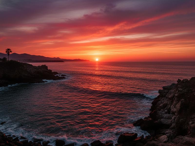 Surfer walking along Sayulita beach at sunset carrying a surfboard with golden hour light on the sand