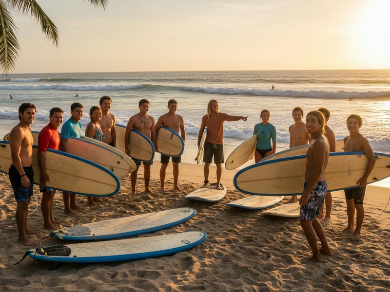 Surf instructor demonstrating paddling technique to a group of tourists with longboards on the sand at Sayulita beach
