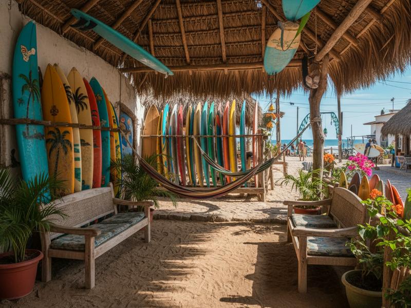 Colorful surfboard rental shop in Sayulita with rows of longboards and shortboards outside a bright painted building