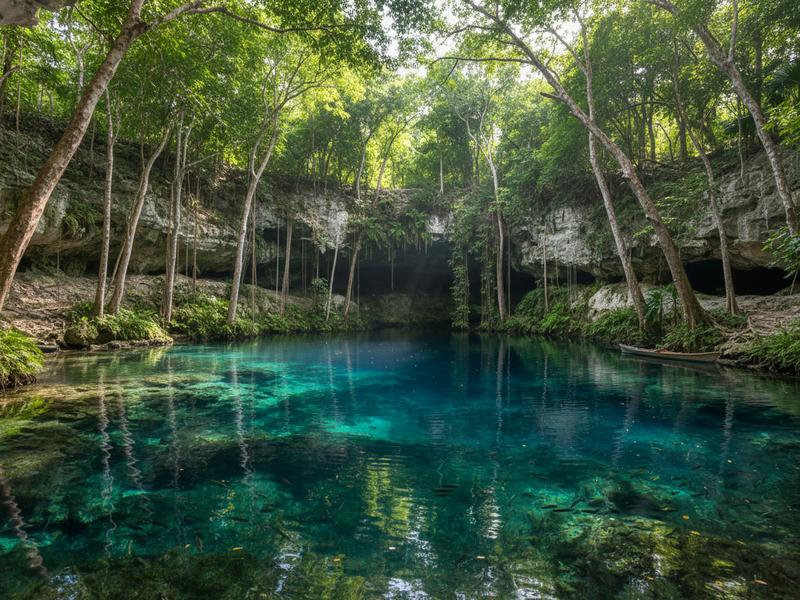 Clear freshwater cenote near Tulum surrounded by jungle, a dependable option during hurricane season