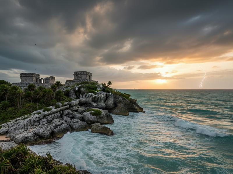 Tulum ruins over the Caribbean under dramatic storm-season light, showing the site still works best early in the day