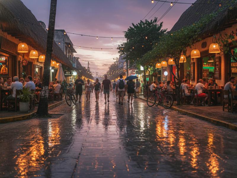 Warm evening scene in Tulum town after rain with lights, restaurants, and a calmer off-beach atmosphere
