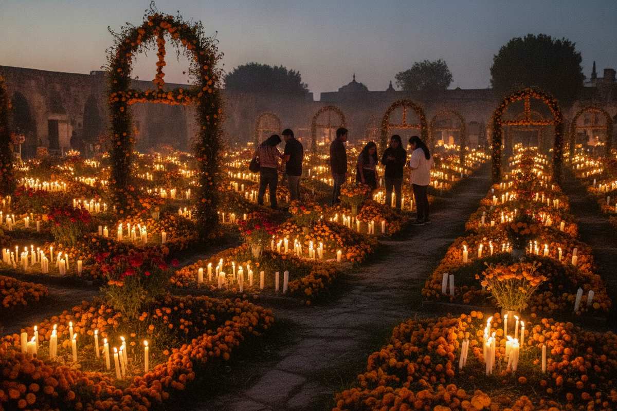 Marigold-covered graves glowing with candles in Tzintzuntzan during Day of the Dead