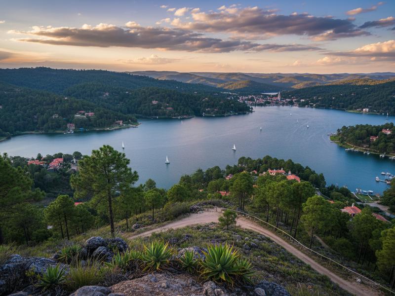 Summer lake view in Valle de Bravo with green hills after rainy-season showers