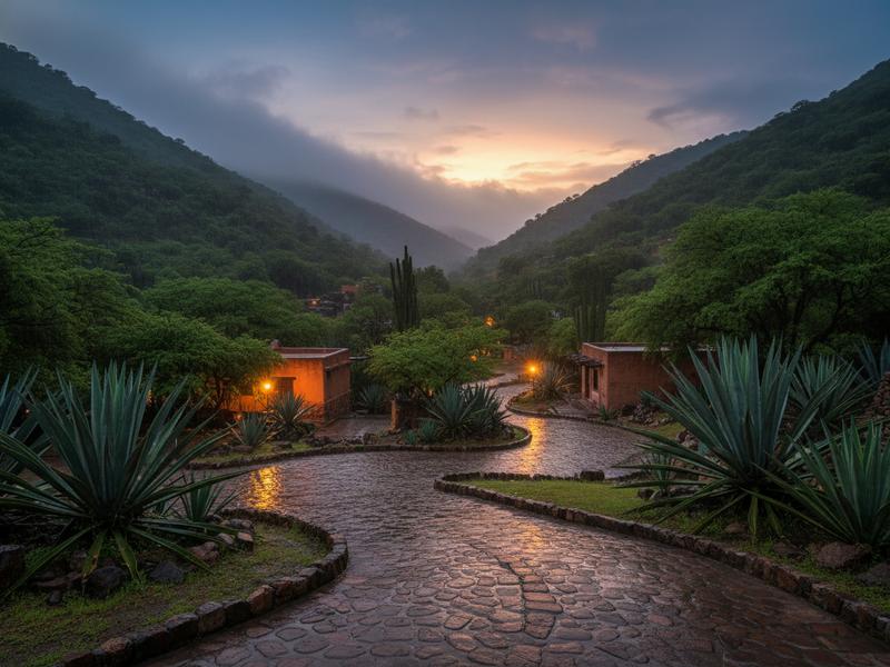 Rainy summer evening in Valle de Bravo with moody clouds over town