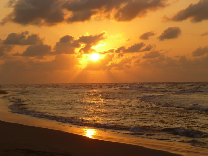 Sunset at Playa Paraíso near Villahermosa Tabasco with Gulf of Mexico in orange-pink light and palm silhouettes