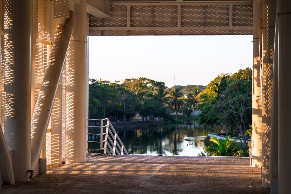 Laguna de las Ilusiones in Villahermosa Tabasco with tropical trees reflecting in calm lake water at sunrise