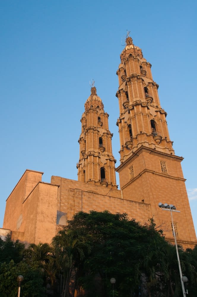 Cathedral of the Lord of Tabasco in Villahermosa historic center showing twin baroque towers rising above the city
