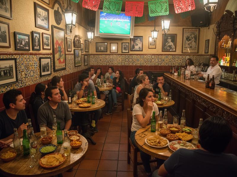 Traditional Mexican cantina with locals watching a World Cup match on a television screen