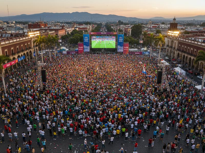 Thousands of fans at an outdoor FIFA Fan Festival watching a match on a giant screen