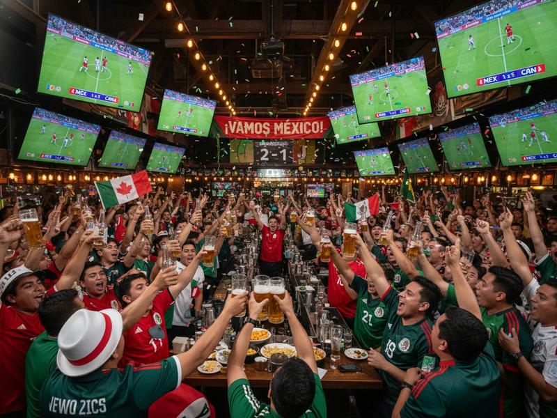 Packed sports bar in Mexico City with multiple screens showing a World Cup match and cheering fans