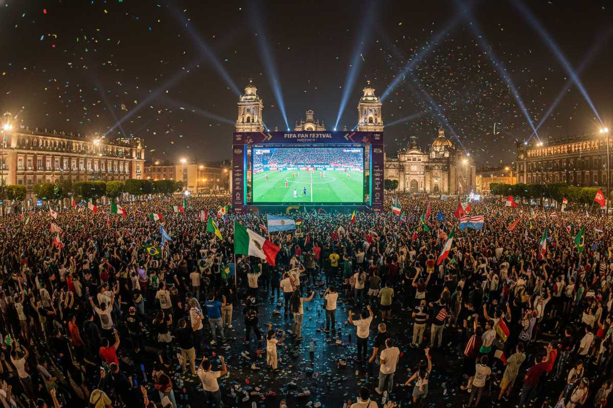 Massive crowd watching World Cup 2026 on a giant screen at an outdoor fan zone in Mexico with Mexican flags