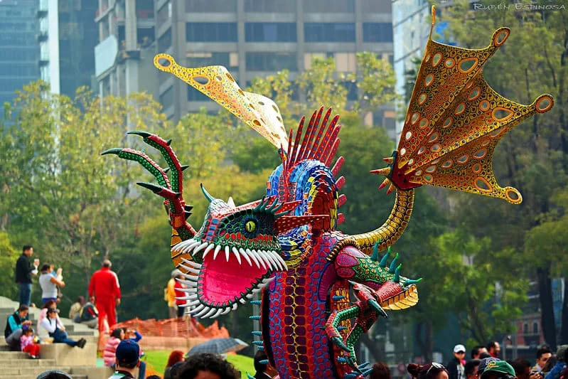 Giant alebrije float at the annual Desfile de Alebrijes Monumentales in Mexico City on Paseo de la Reforma