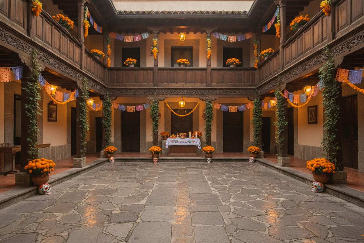 Traditional Pátzcuaro hotel courtyard decorated for Day of the Dead