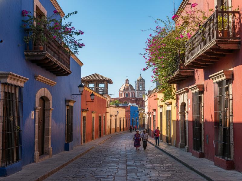 Row of colorful restored colonial buildings along a Campeche street some serving as boutique hotels