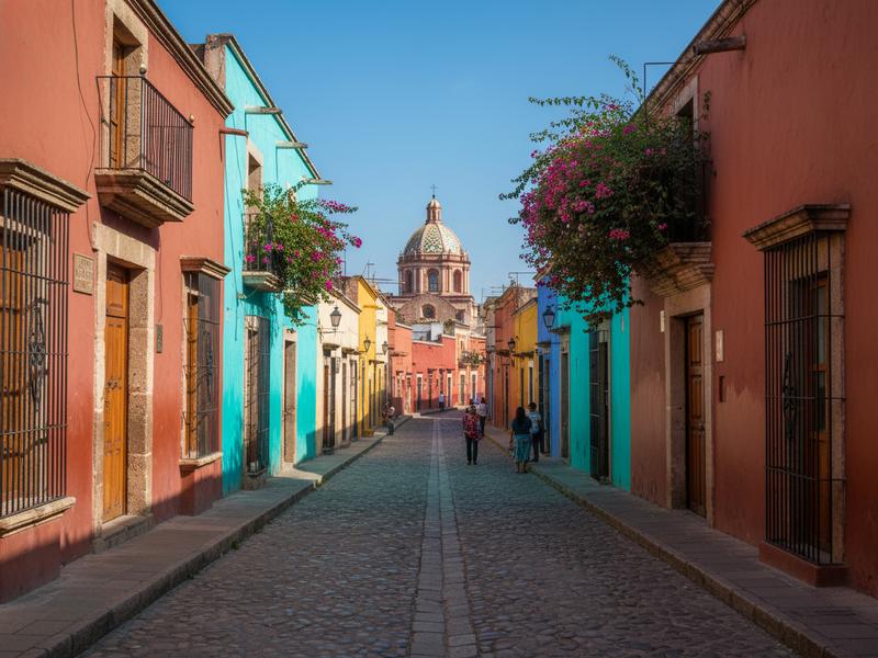 Evening scene on a Campeche street with warm light illuminating colonial facades and hotel entrances