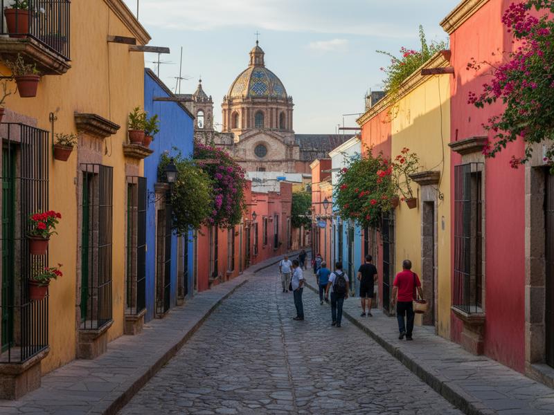 Rooftop terrace of a Campeche hotel with views over colonial rooftops toward the Gulf of Mexico