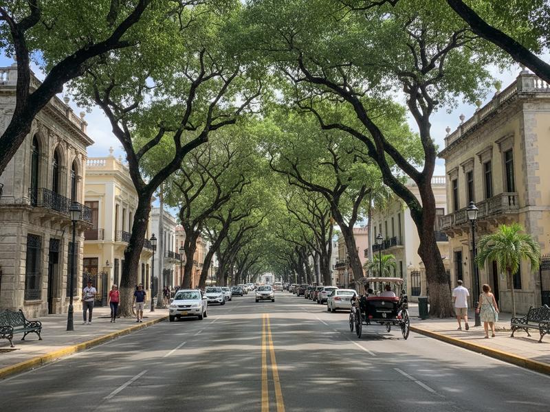 Tree-lined Paseo de Montejo boulevard in Merida with grand henequen-era mansions converted into hotels and restaurants