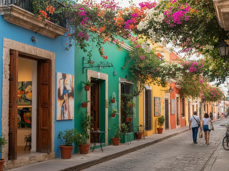Colorful colonial street in Merida's Santa Ana neighborhood with art galleries, coffee shops, and tropical plants