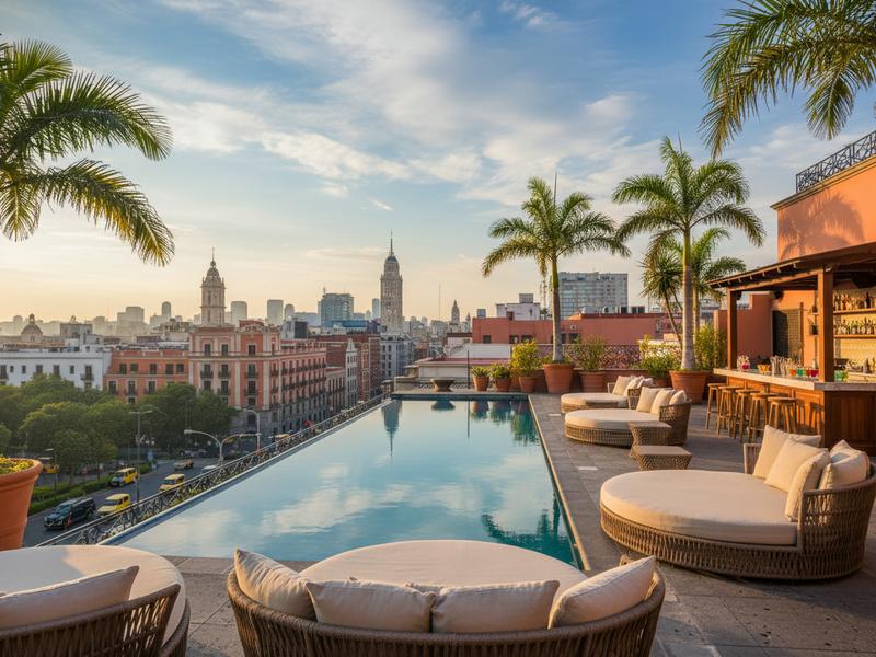 Rooftop pool at a Mexico City boutique hotel with views of the city skyline and mountains in the distance