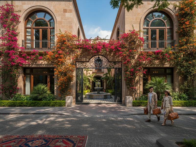 Grand lobby of a luxury hotel in Polanco with modern Mexican design elements and elegant furnishings
