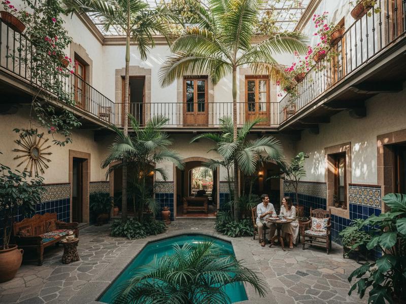 Entrance to a boutique hotel in Roma Norte housed in a restored Porfirian mansion with iron details