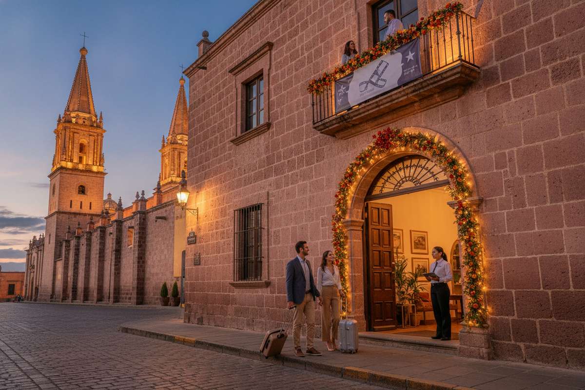 Pink stone boutique hotel near Morelia Cathedral during FICM 2026