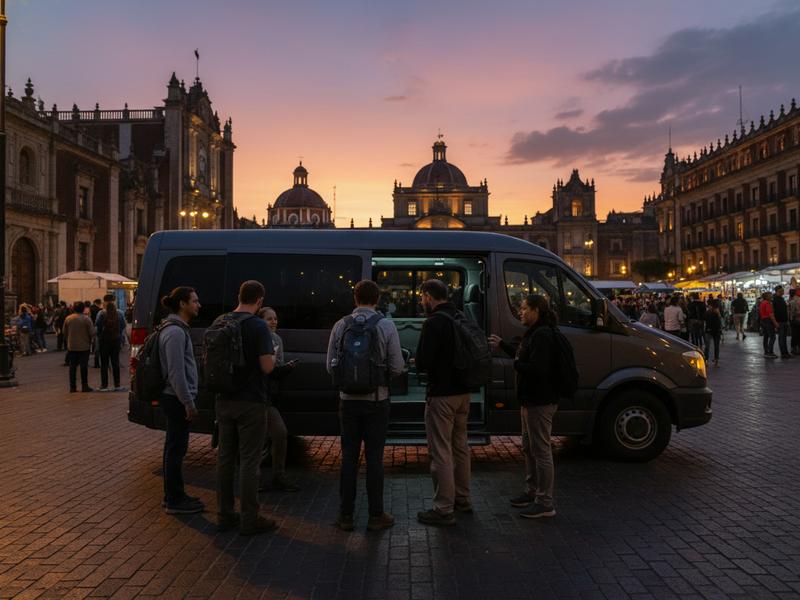 Evening tour pickup setup in Mexico City before a Tlaxcala firefly trip