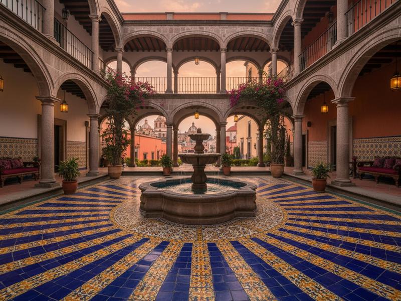Puebla hotel courtyard used as a base for a Tlaxcala firefly night trip