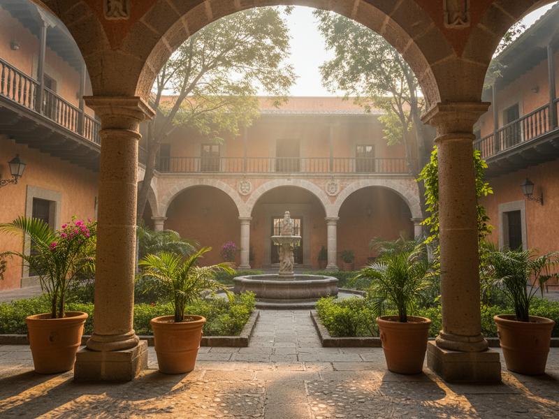 Colonial hotel courtyard in Tlaxcala City for a firefly sanctuary weekend