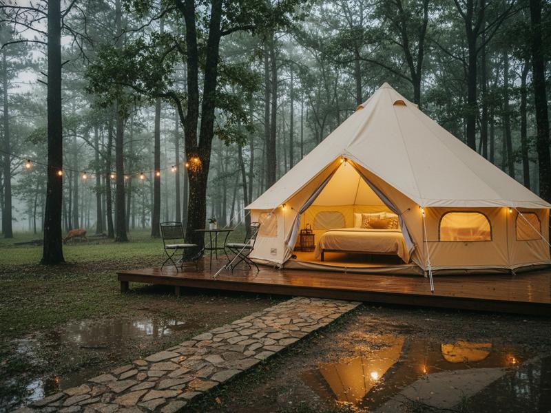 Glamping tent near the Tlaxcala firefly forest after summer rain