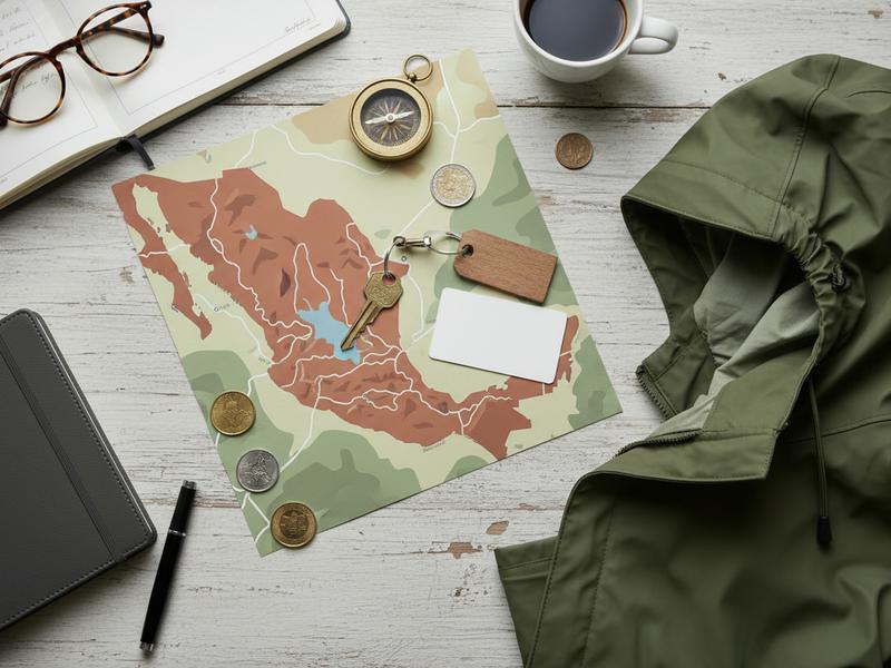 Travel planning scene with cabin keys hotel card and rainy season clothing