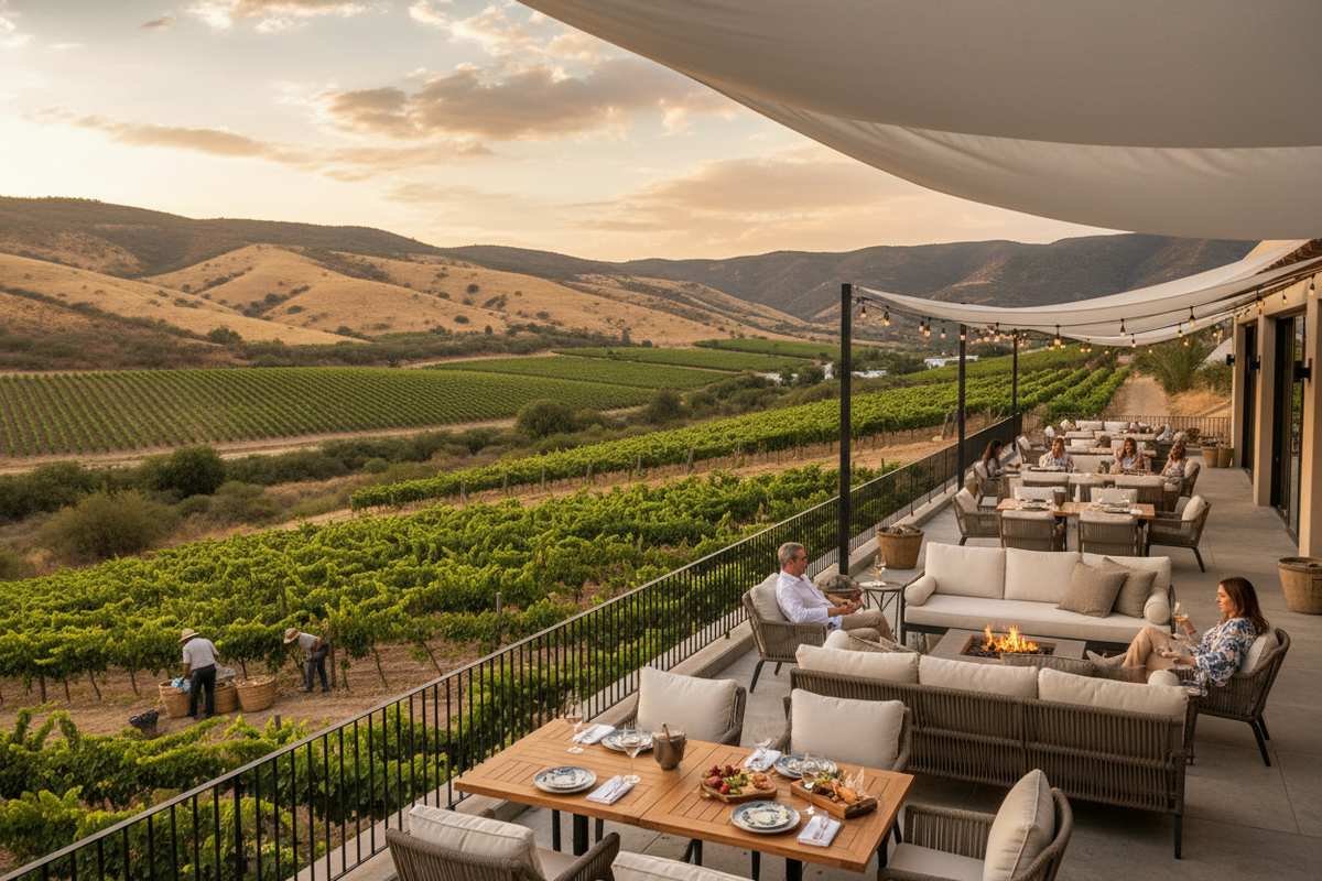 Boutique vineyard hotel terrace in Valle de Guadalupe during vendimia season