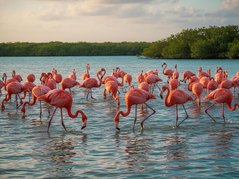 Large flock of pink flamingos standing in shallow waters of Celestun lagoon