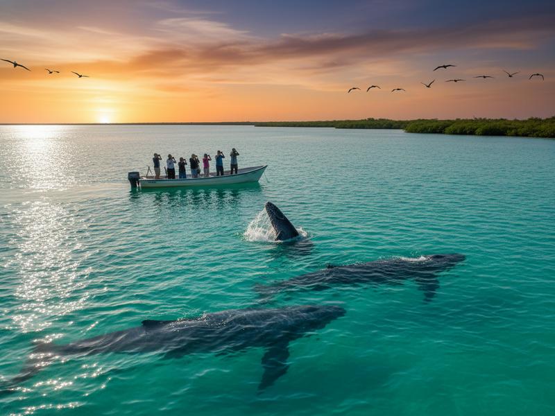 Small group of eco-tourists observing wildlife with guide maintaining respectful distance