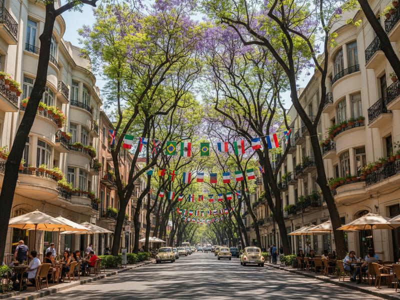 Tree-lined boulevard in Condesa neighborhood of Mexico City with outdoor cafes