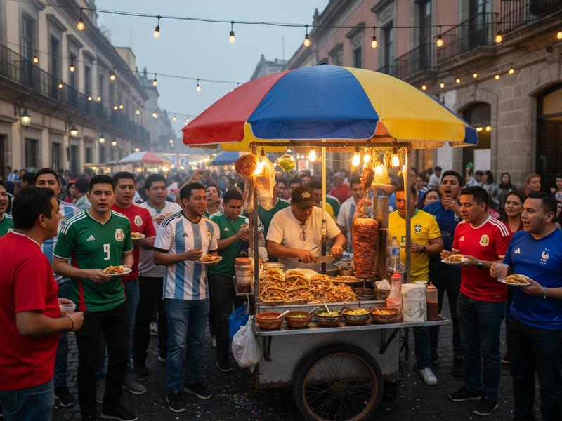 Taco vendor serving street tacos to football fans in Mexico City wearing jerseys