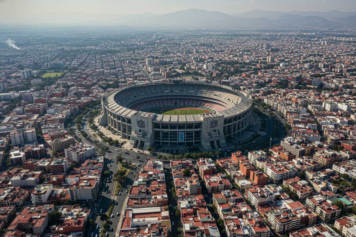 Aerial view of Estadio Azteca in Mexico City with the urban sprawl behind it