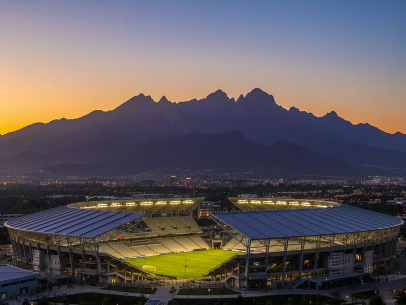 Estadio BBVA in Monterrey with the Sierra Madre mountains visible in the background